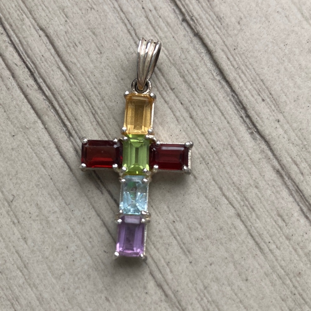 Multicolor Gemstone Cross sterling pendant